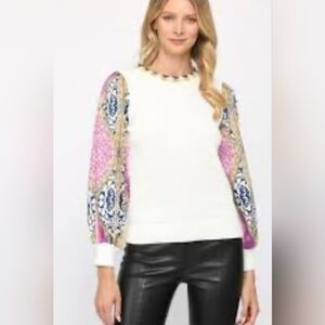 Fate Anthropology Mixed Media Vibrant Sweater with Billowy Sleeve & ribbed cuffs
